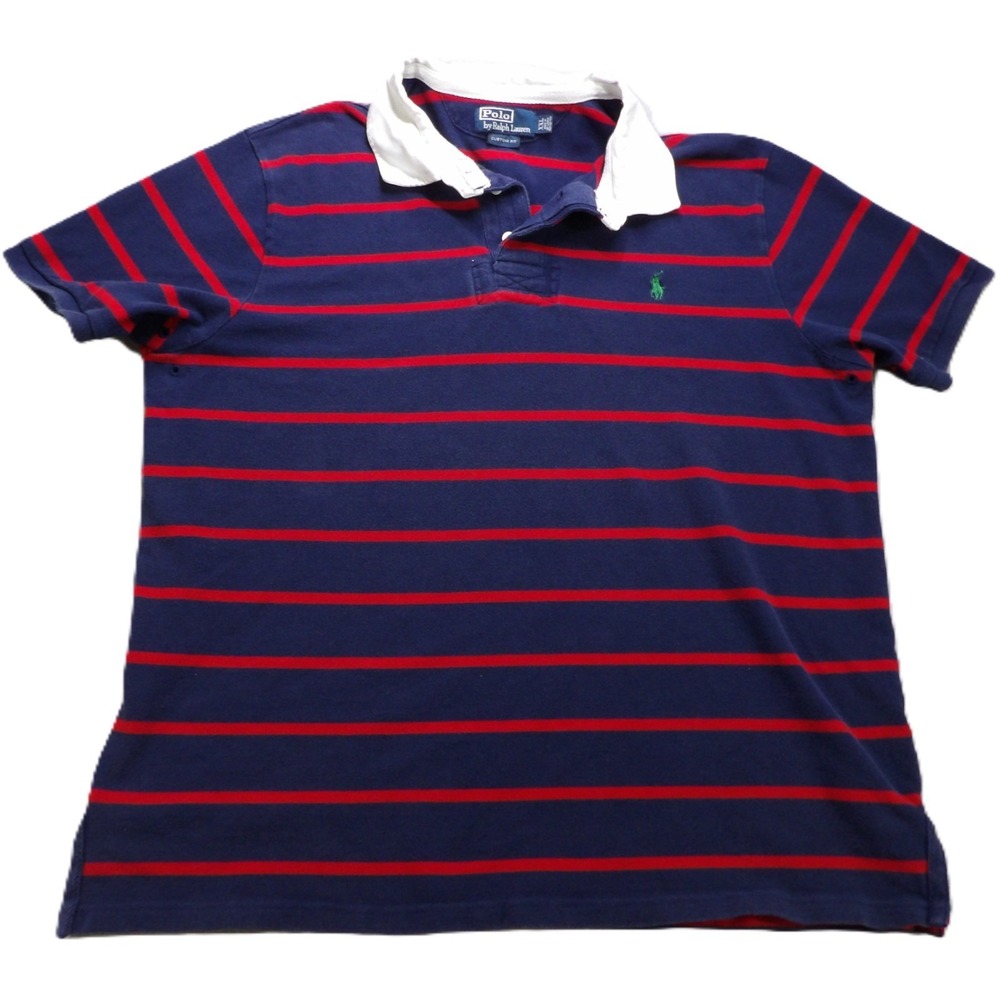 Polo Ralph Lauren Custom Fit Rugby Shirt Men XXL Navy Red Striped Pony Cotton SS